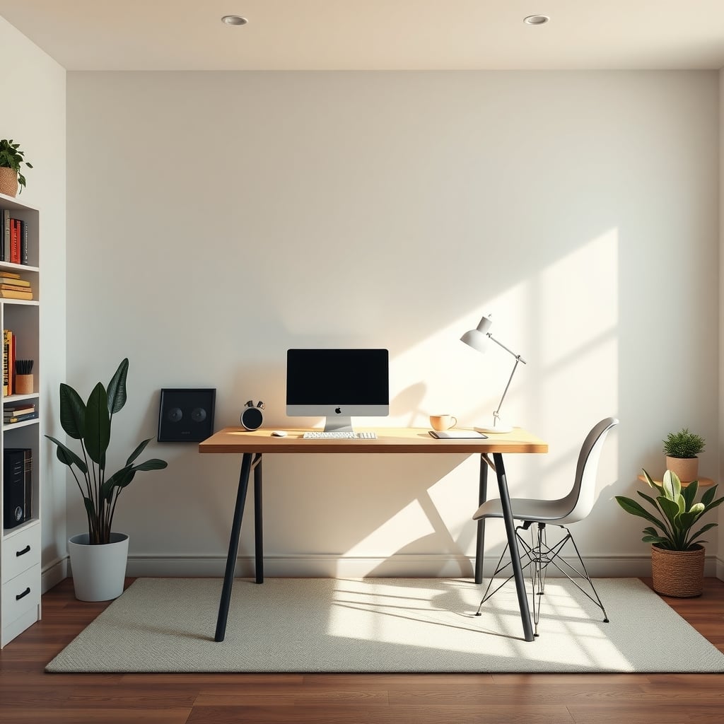 Minimal standing desk in a quiet, uncluttered home office with soft daylight