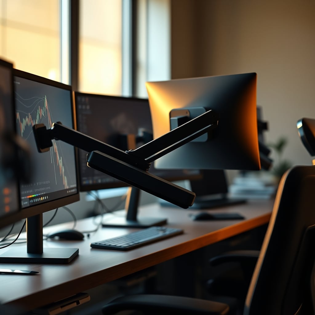 Close-up of robust monitor arms holding a primary and vertical secondary screen.