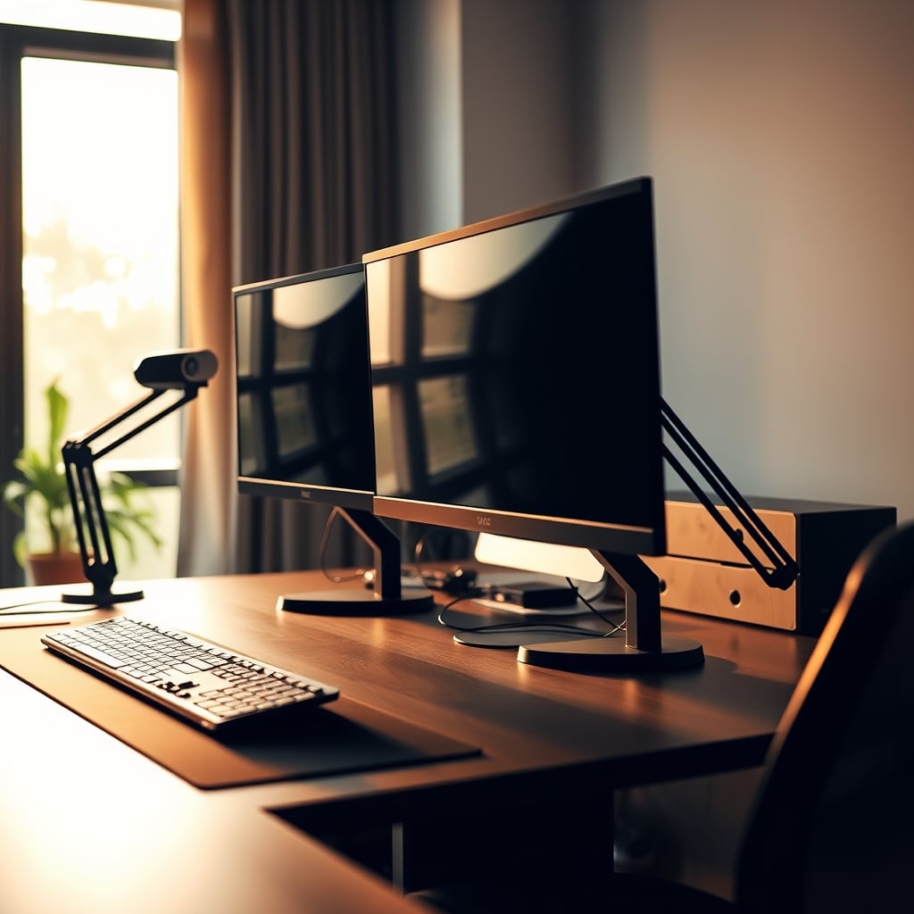 A dense, productive maximalist desk with multiple monitors on arms, tools within reach, and organized cables.