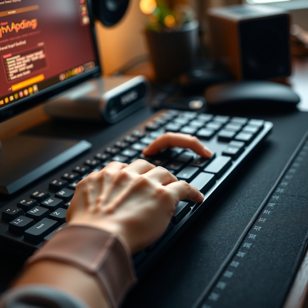 Person typing on mechanical keyboard in a home office