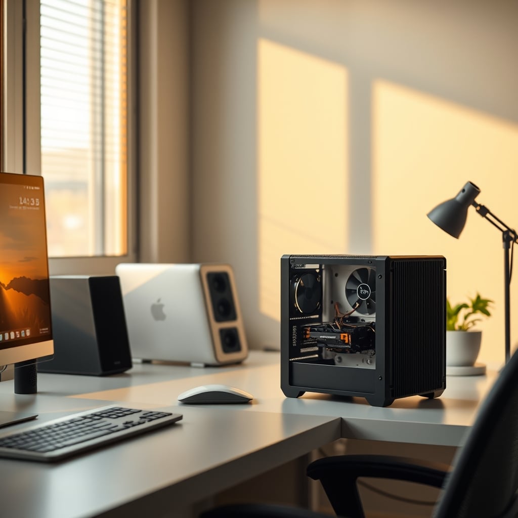 A Small Form Factor desktop case next to a tiny mini PC, showing the small size difference but vast capability difference.