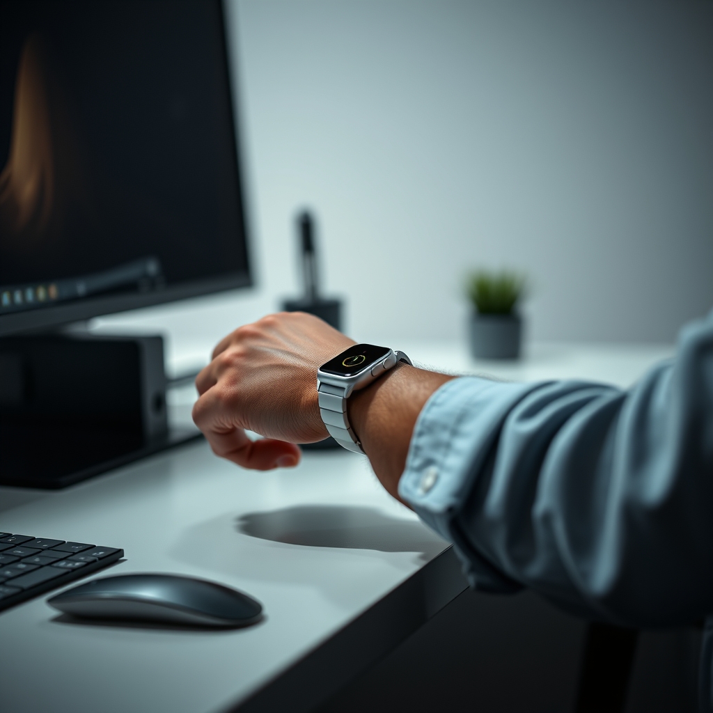 A person at a minimalist desk setup, engrossed in work but subtly distracted by a vibration from their sleek smartwatch on their wrist, illustrating digital interruption.