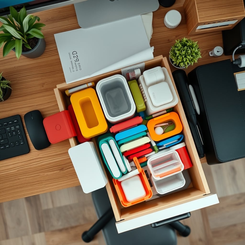 A chaotic desk drawer overflowing with poorly fitting modular plastic organizers, demonstrating the problem.