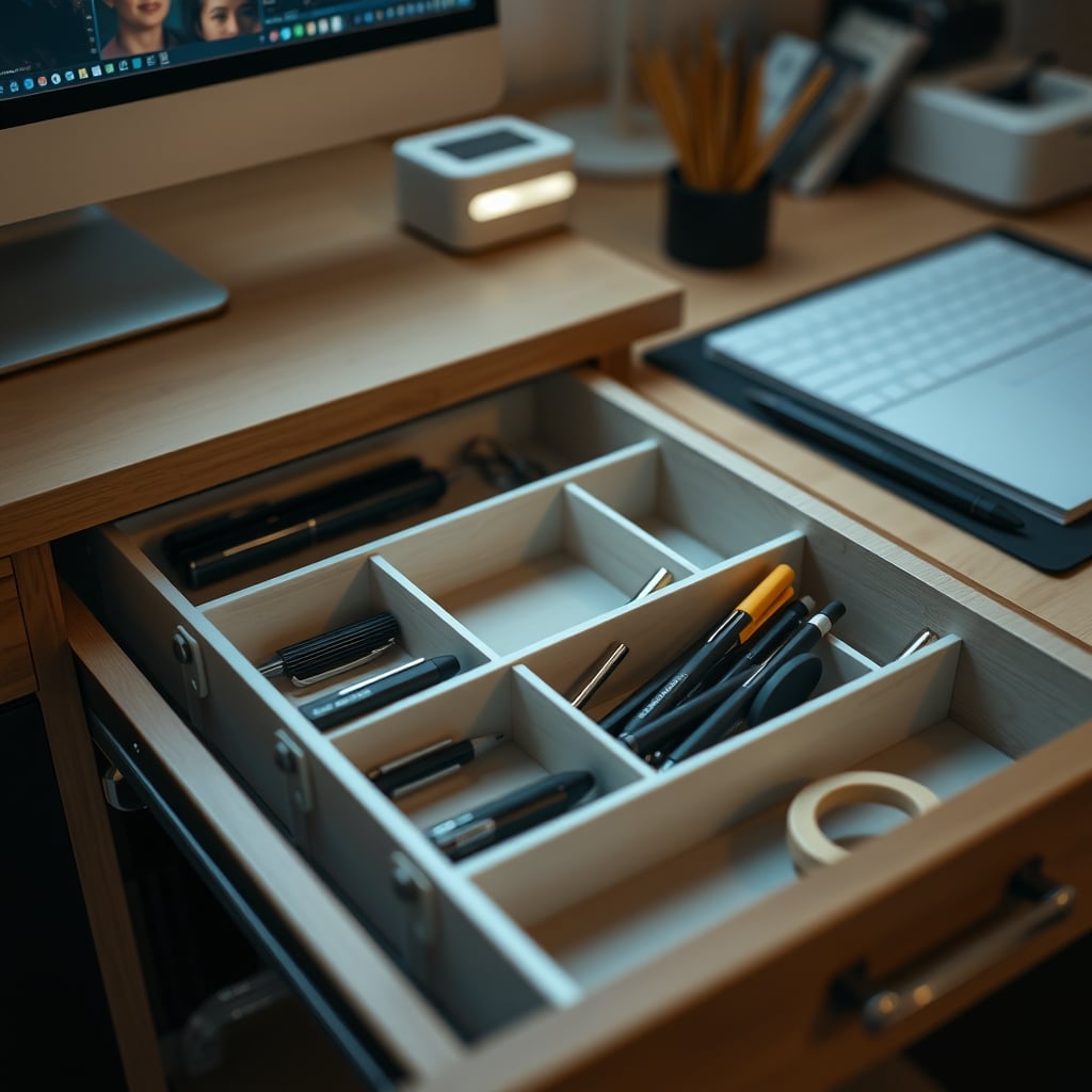A clean, organized desk drawer using simple, non-modular white plastic bins.
