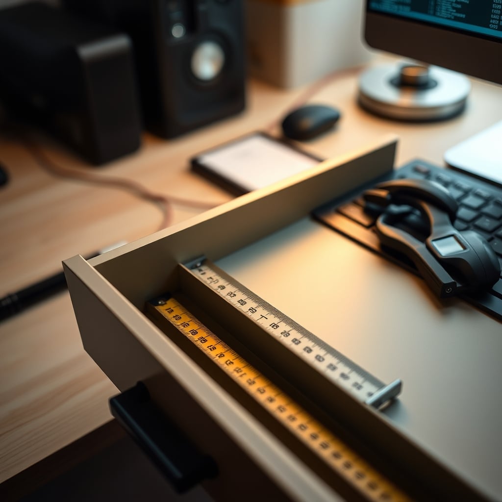A tape measure stretched across the empty interior of a wooden desk drawer.