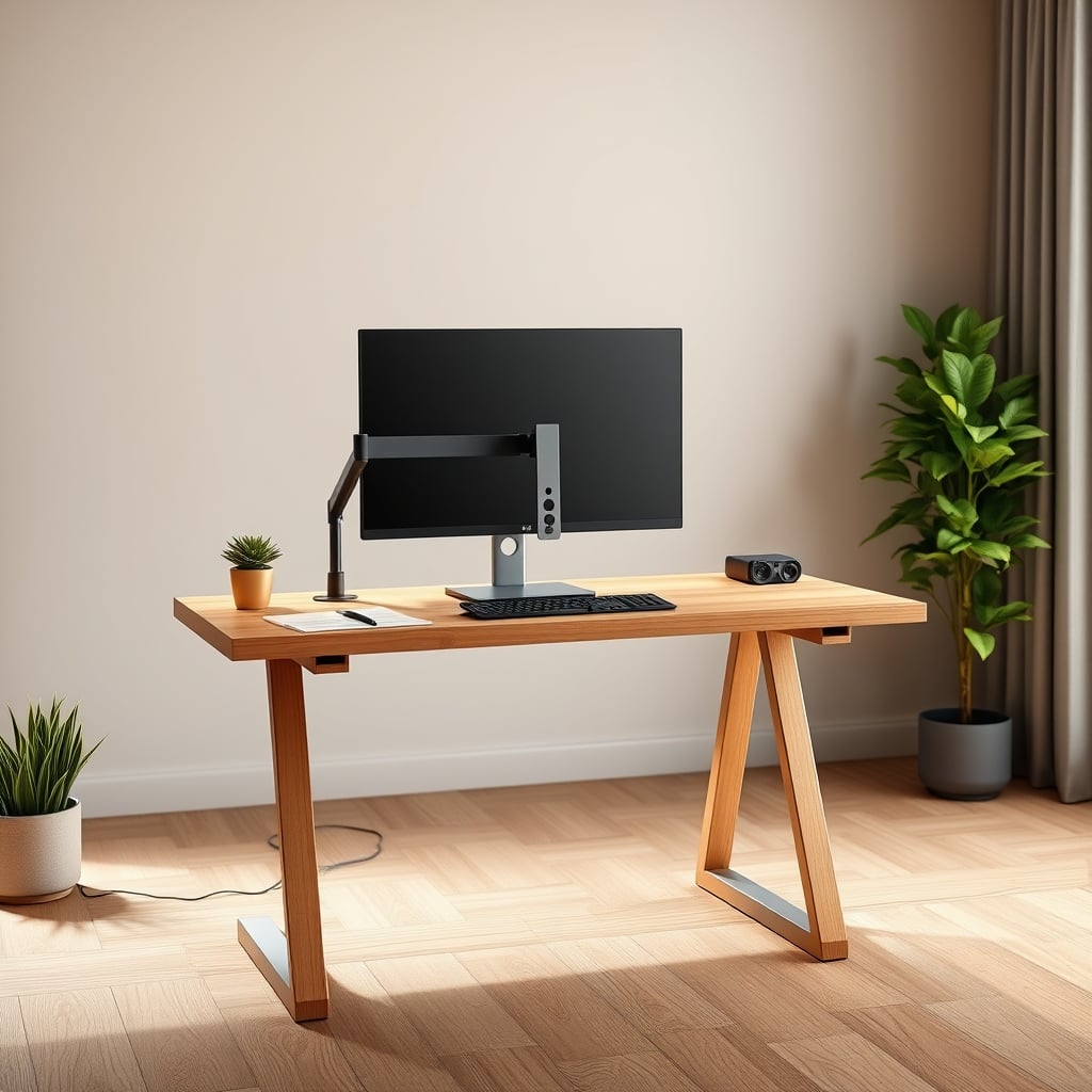 A clean, minimalist desk setup with a solid wood top, a single monitor arm, and no visible rails or modules.