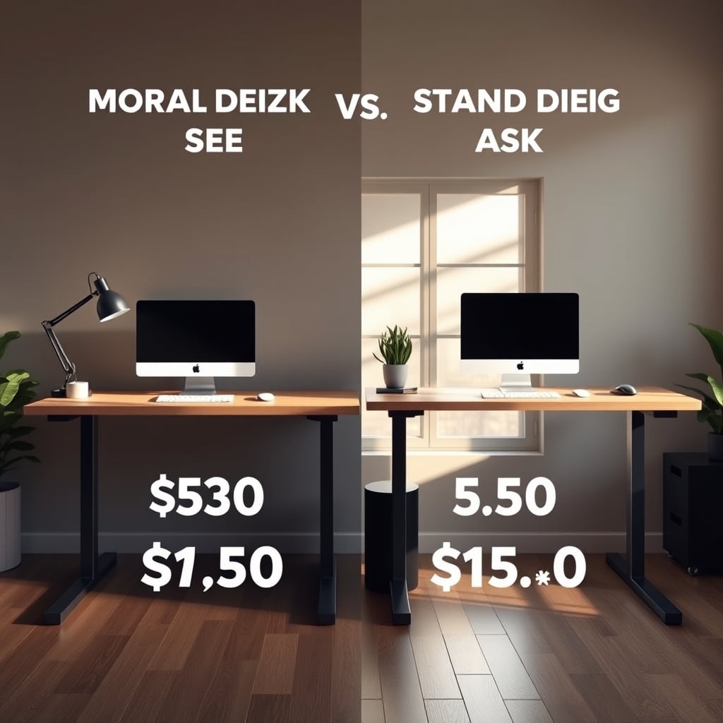 An infographic comparing the high cost and complexity of a modular desk to the lower cost and simplicity of a solid standing desk.