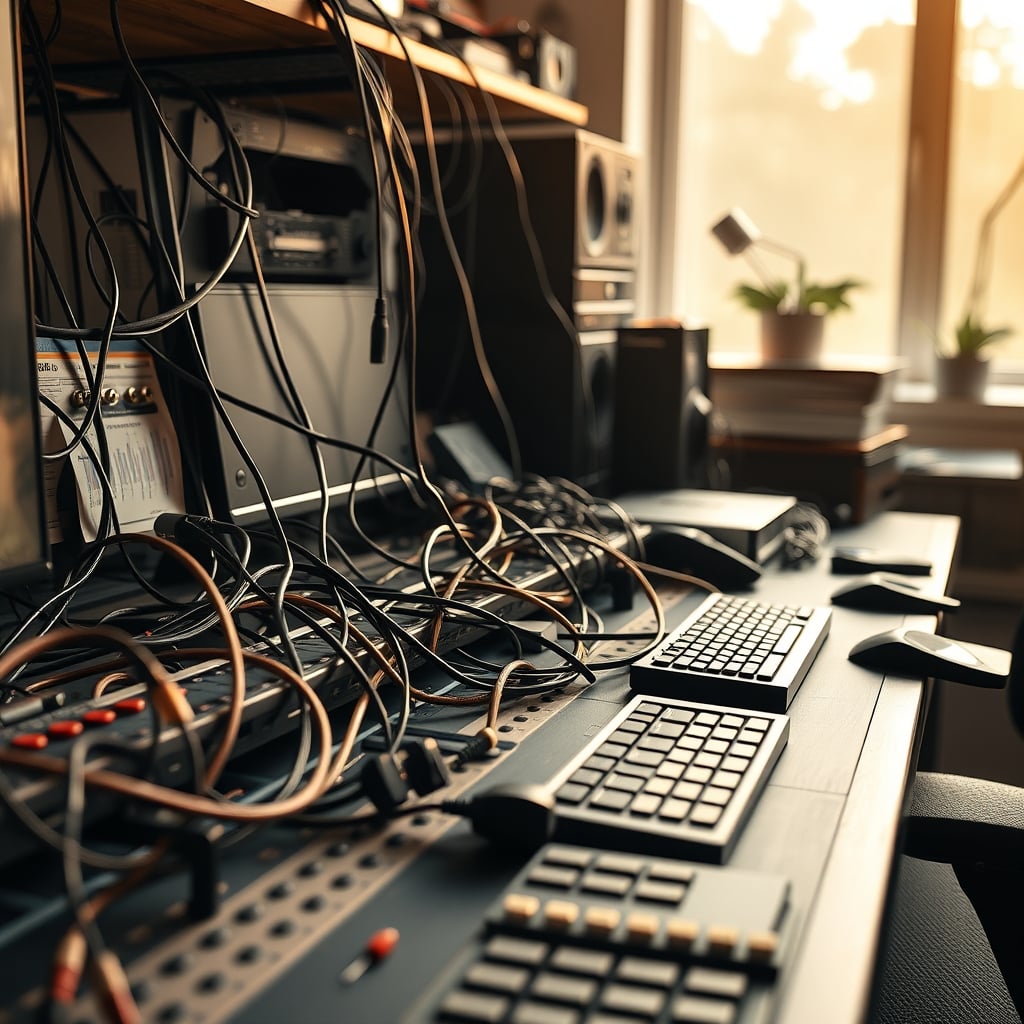 A close-up of a complex modular desk system showing rails, clips, and a mess of tangled cables, illustrating the hidden chaos.