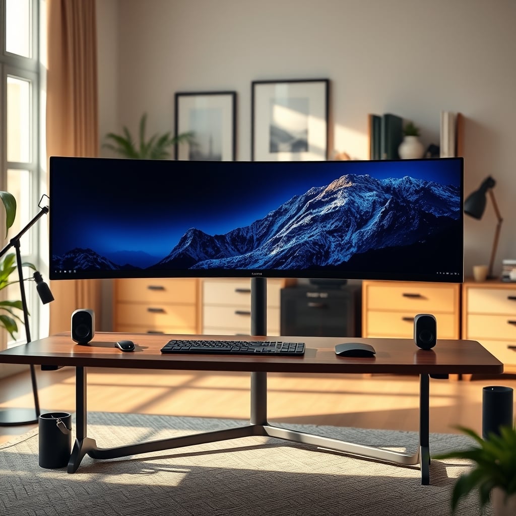 A large 34-inch curved ultrawide monitor mounted on a black freestanding floor stand, with a completely empty desk in front of it.