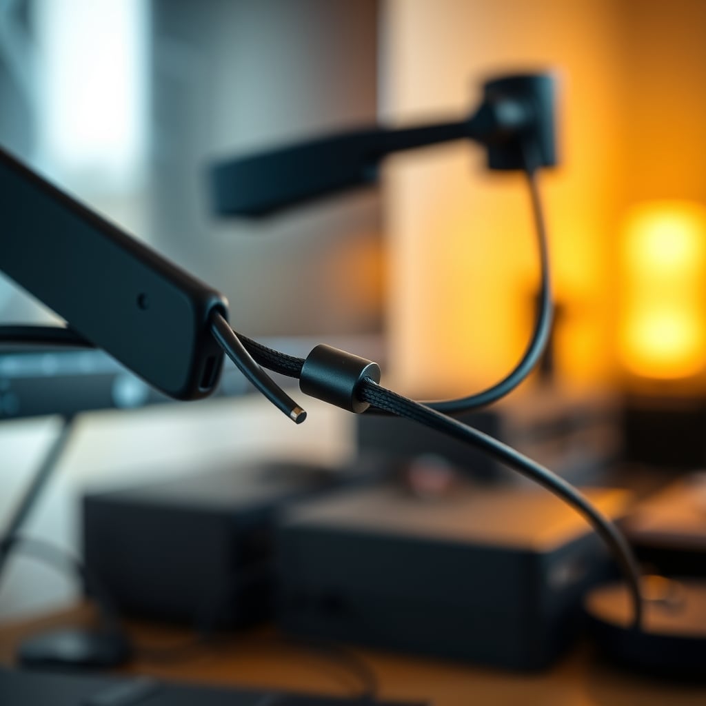 A close-up photo showing a thick USB-C and HDMI cable badly pinched and bent where they enter the cable channel of a monitor arm.