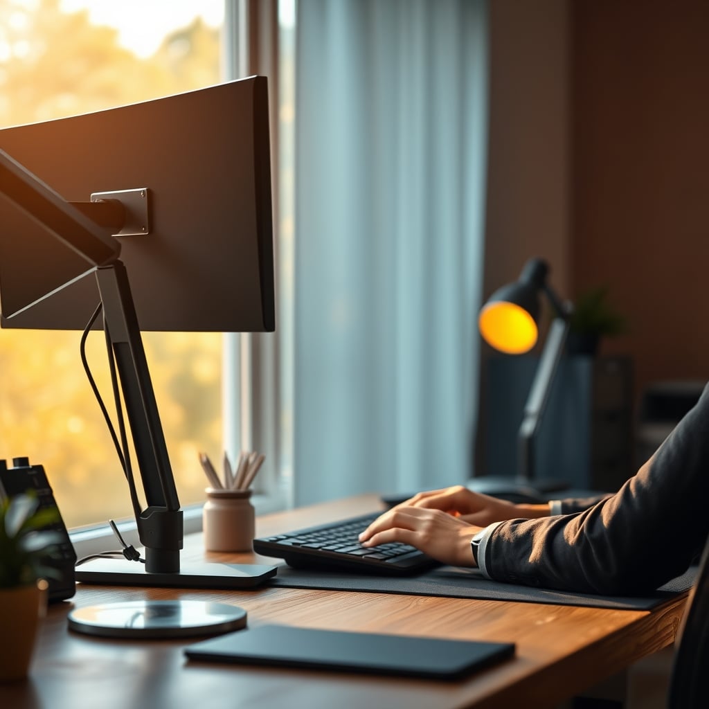 Monitor arm wobbling visibly on small desk while typing, showing instability issue