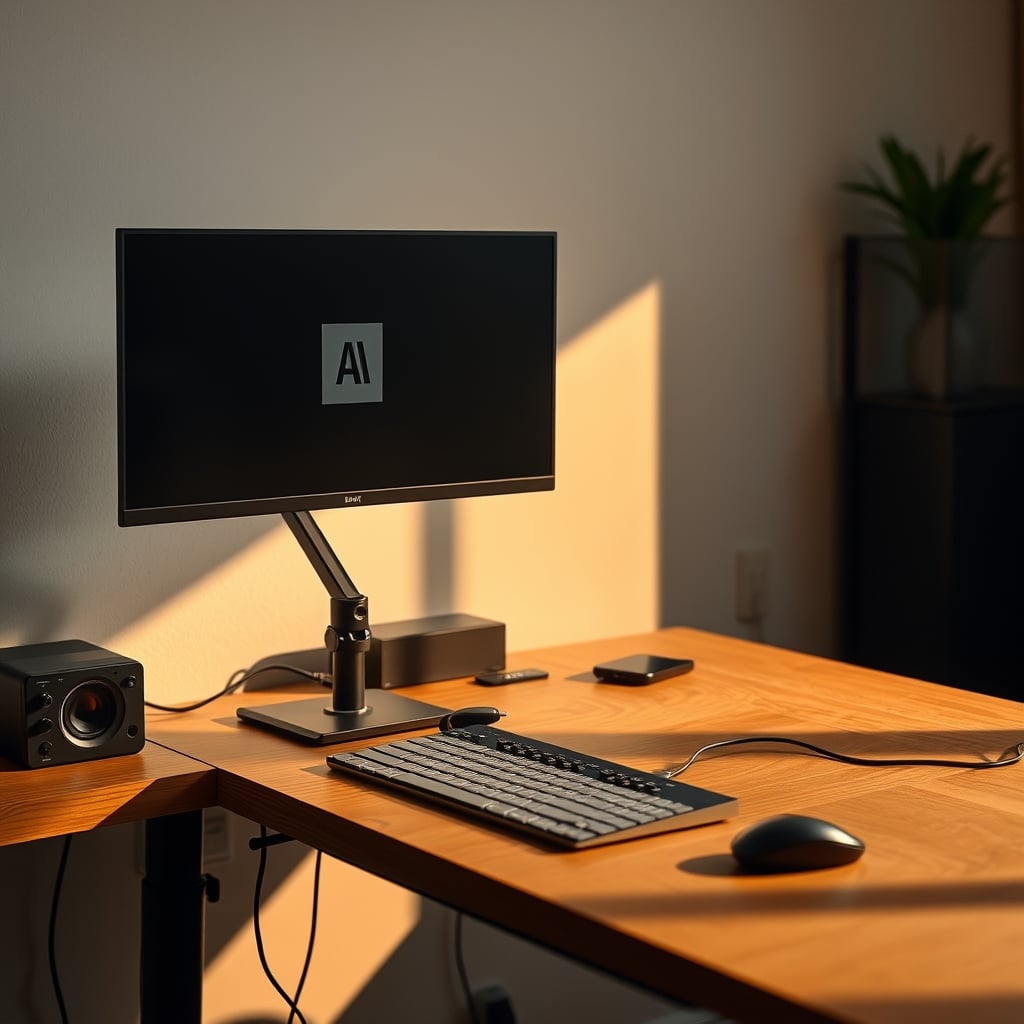 Correctly installed monitor arm on small desk with clean cable routing and stability