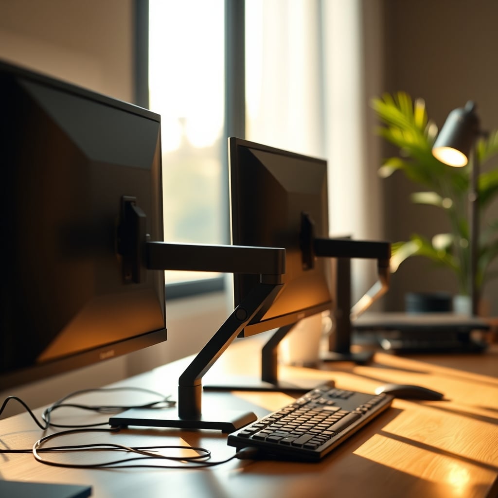 Side-by-side comparison showing monitor arm vs stand footprint on small desk