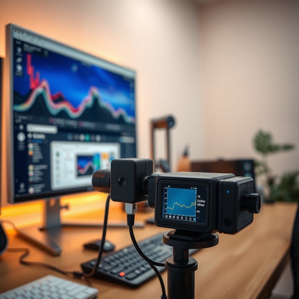 A colorimeter device on the screen of a monitor showing a color gradient pattern