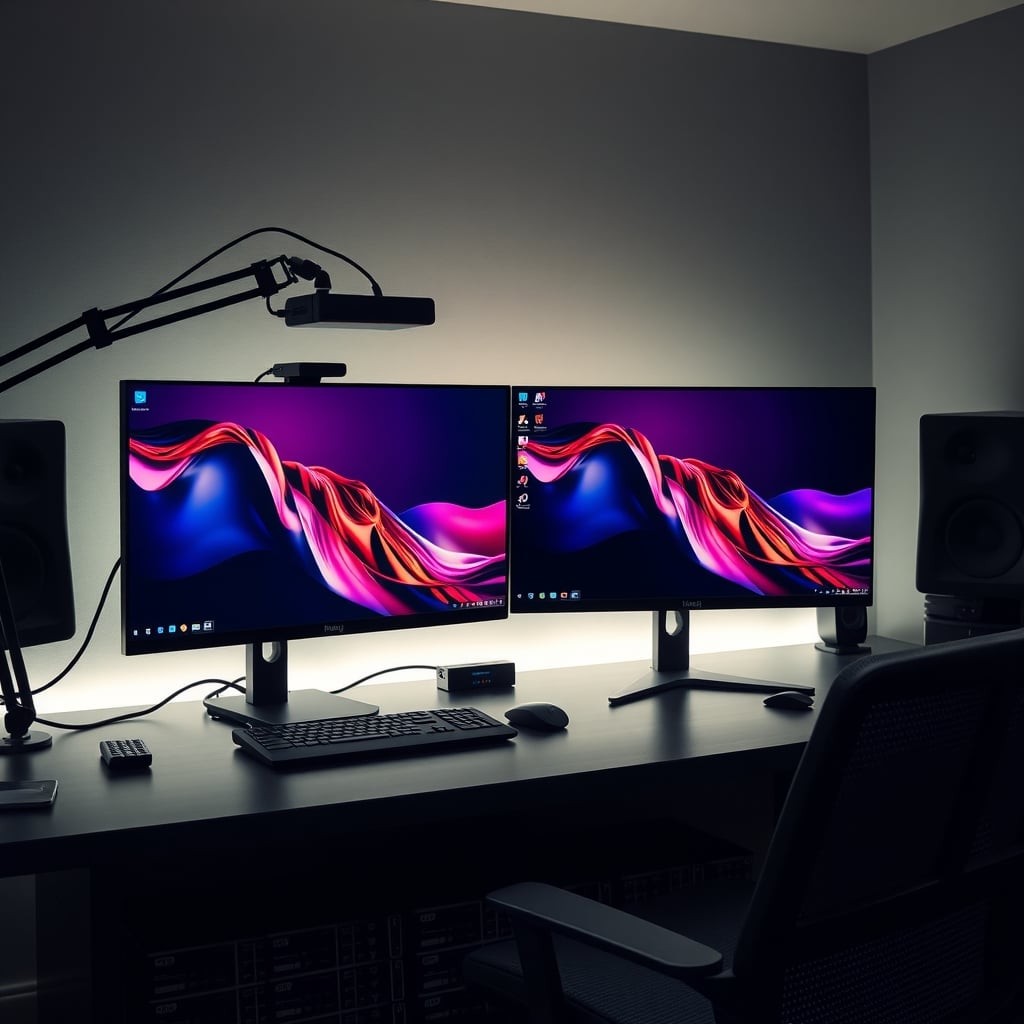 Editing workstation with dual monitors and a color calibration probe on one screen