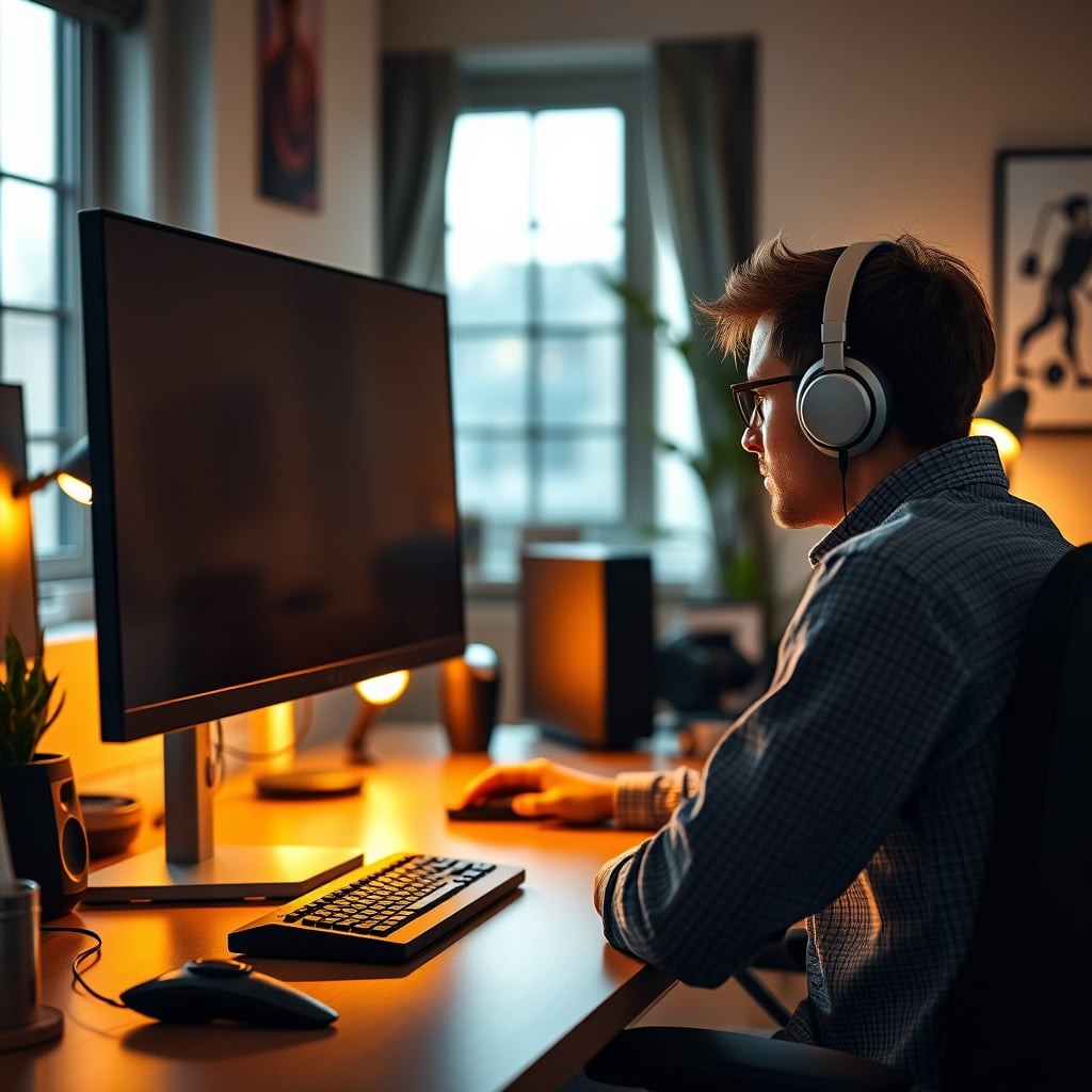 A person adjusting their office chair height and back support before touching their monitor.