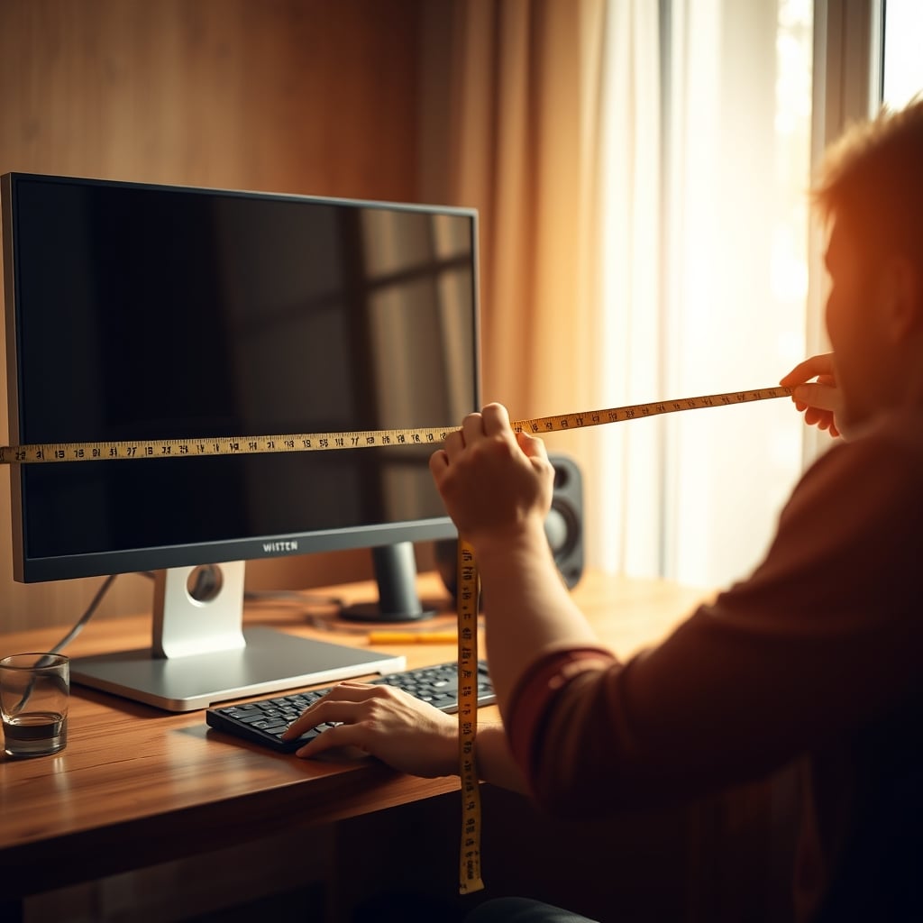 A person demonstrating the flawed 'arm's length' rule for monitor distance, looking strained.