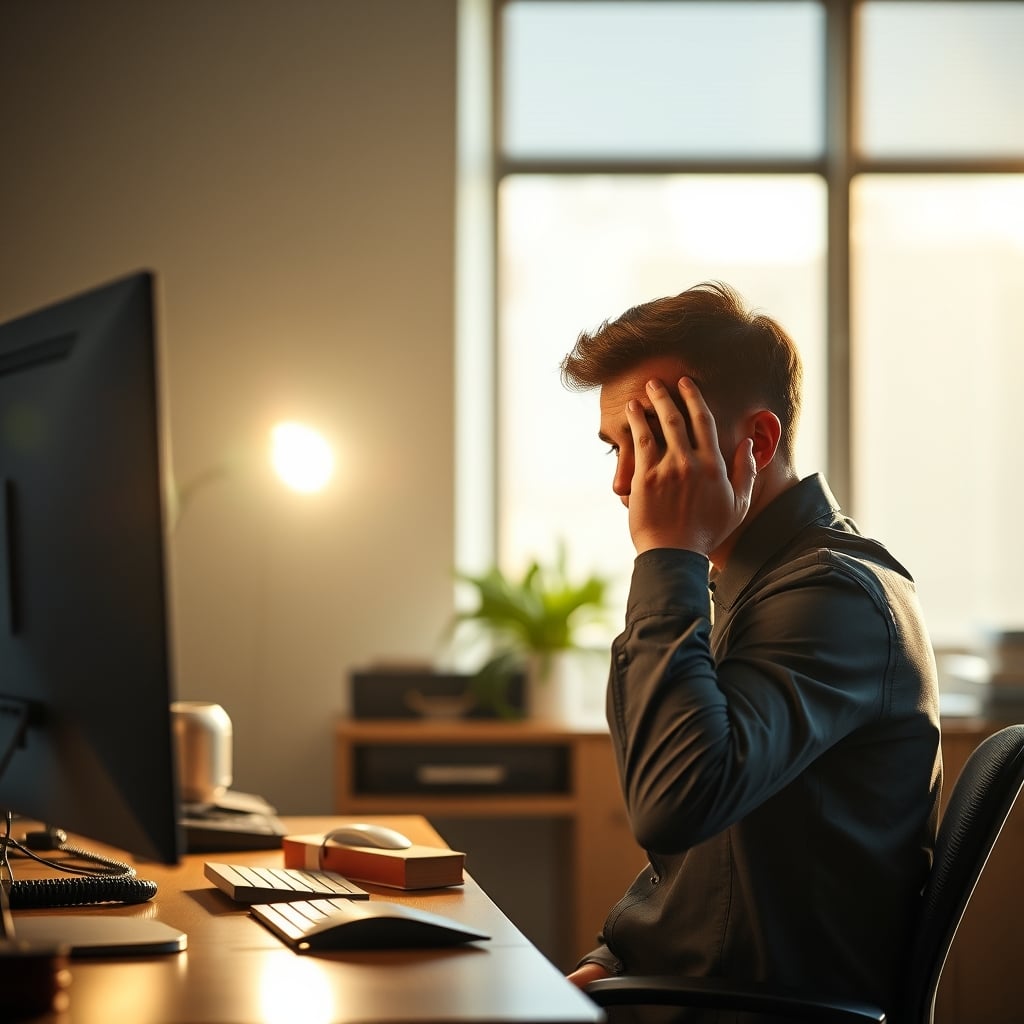 A person experiencing eye strain at a desk with a monitor light bar causing visible screen glare.