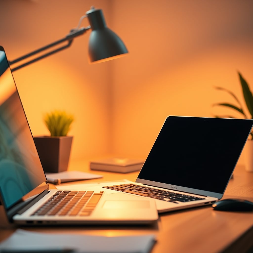 Close-up of a desk with a high-quality lamp illuminating a keyboard and notebook without any light on the monitor.