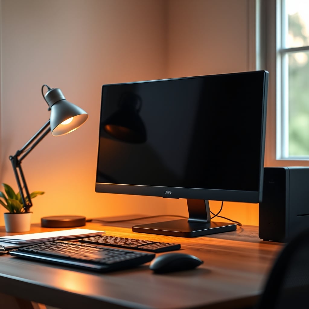 An articulated arm desk lamp positioned behind a monitor providing glare-free task lighting.