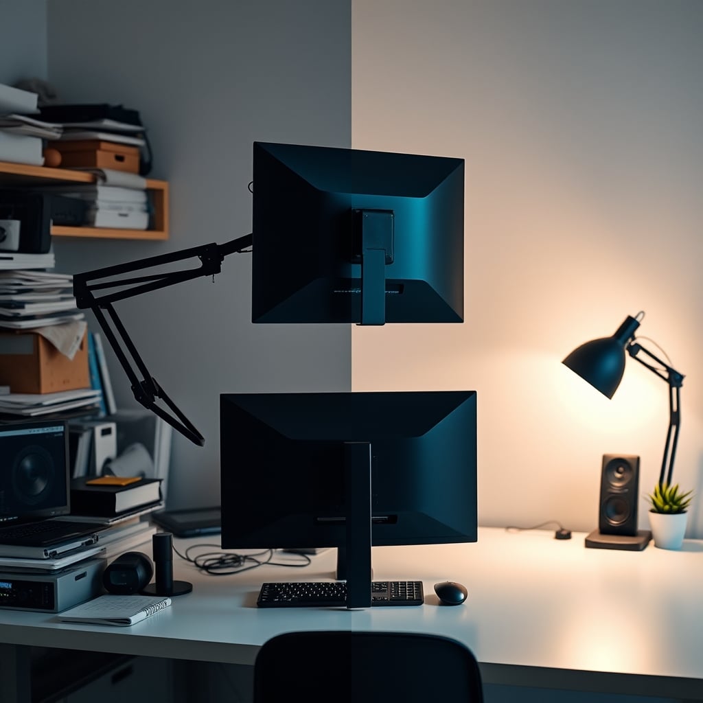 Comparison of a messy desk with two side-by-side monitor arms wobbling versus a clean desk with two monitors stacked vertically on a single stable pole