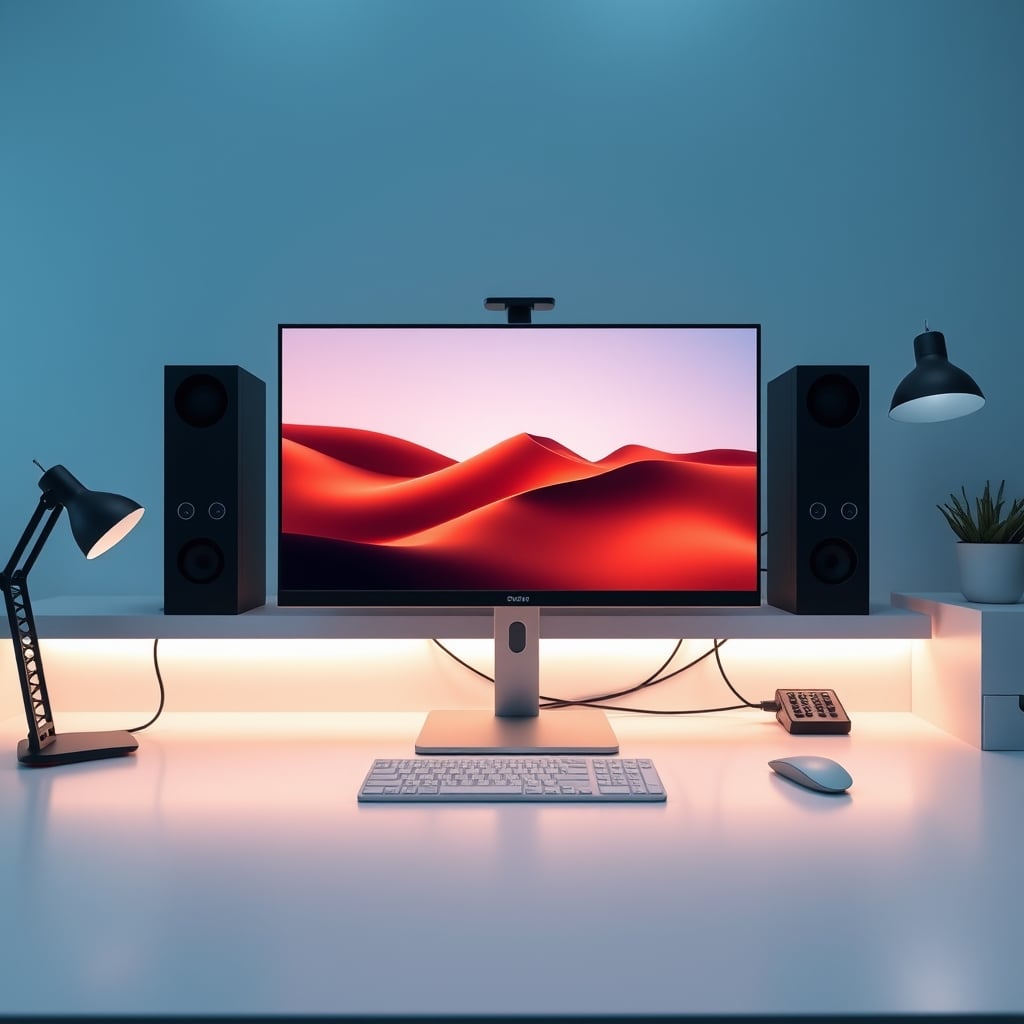 A single monitor sitting on a wooden desktop shelf, with cables neatly routed flat behind it, showing simple cable management