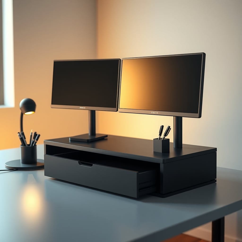 Dual monitor riser with drawer and pen holders keeping desk organized