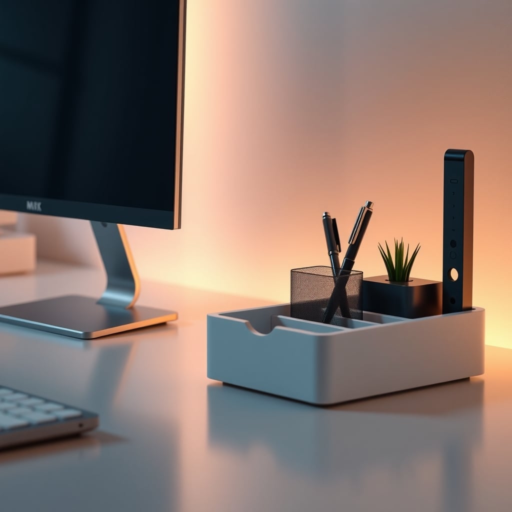 Close-up of monitor stand drawer and pen holder accessories