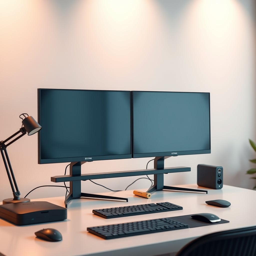 Wood and steel monitor riser holding two monitors on a home office desk