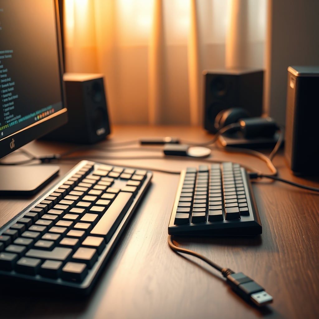 A single, neatly routed USB-C cable connecting a keyboard to a desk