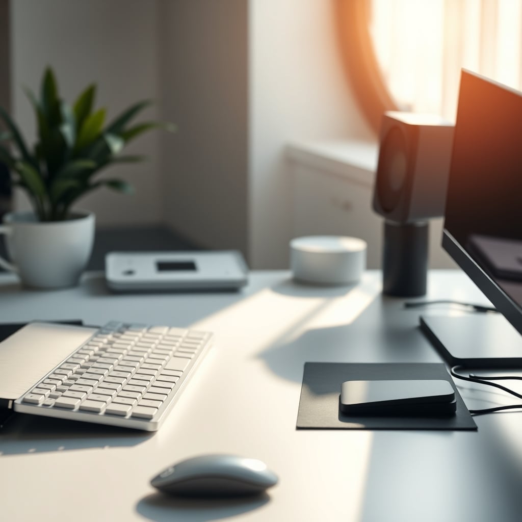 A deep work desk with a monochromatic keyboard, focused lighting, and no visual clutter