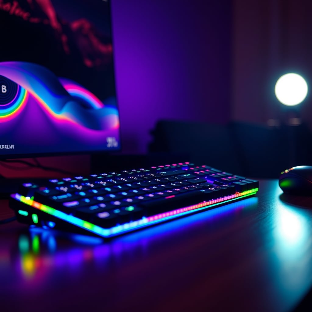 A brightly flashing RGB keyboard creating visual chaos on a desk