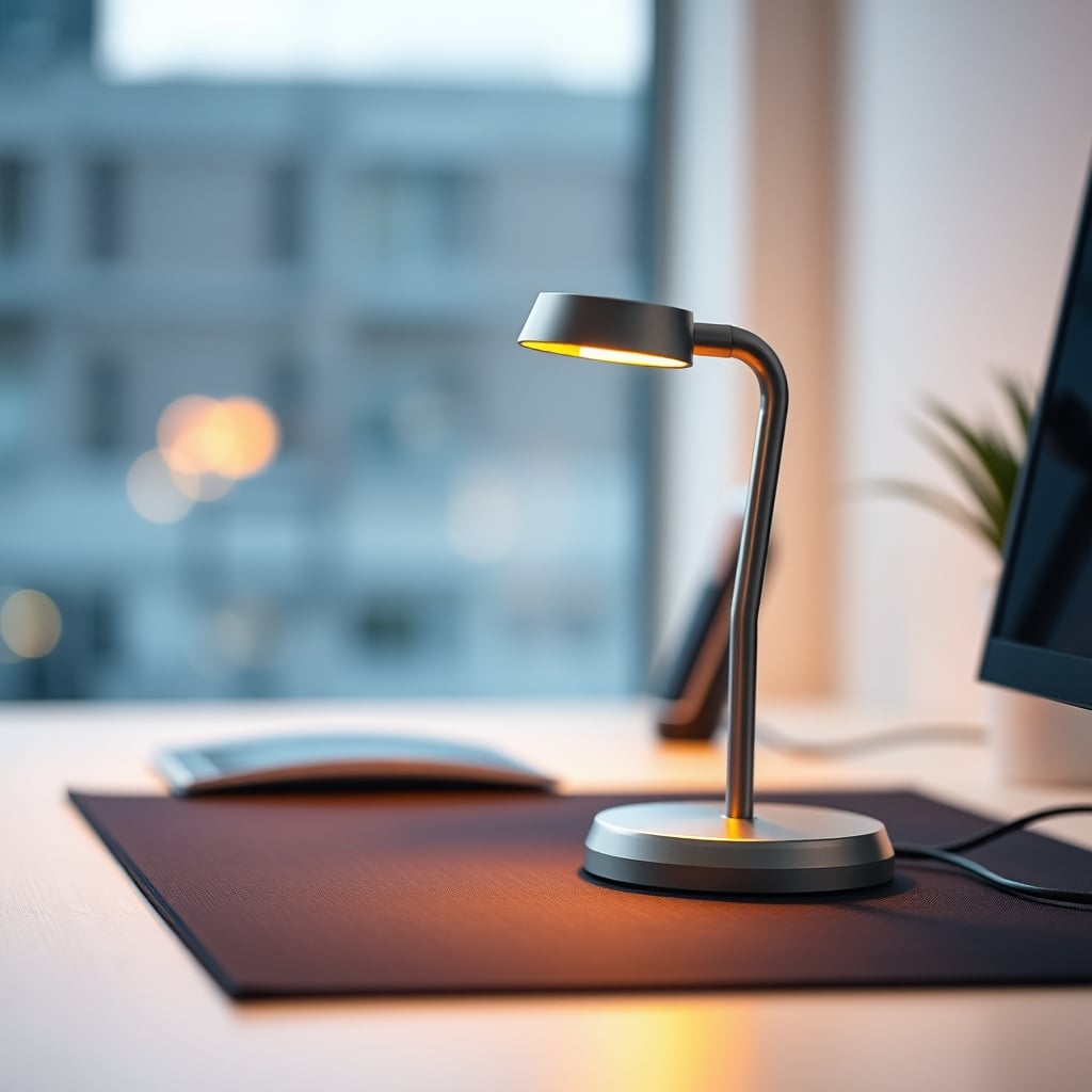 A clean, focused desk setup with a single high-quality task lamp providing intentional, warm light on a notebook and keyboard.