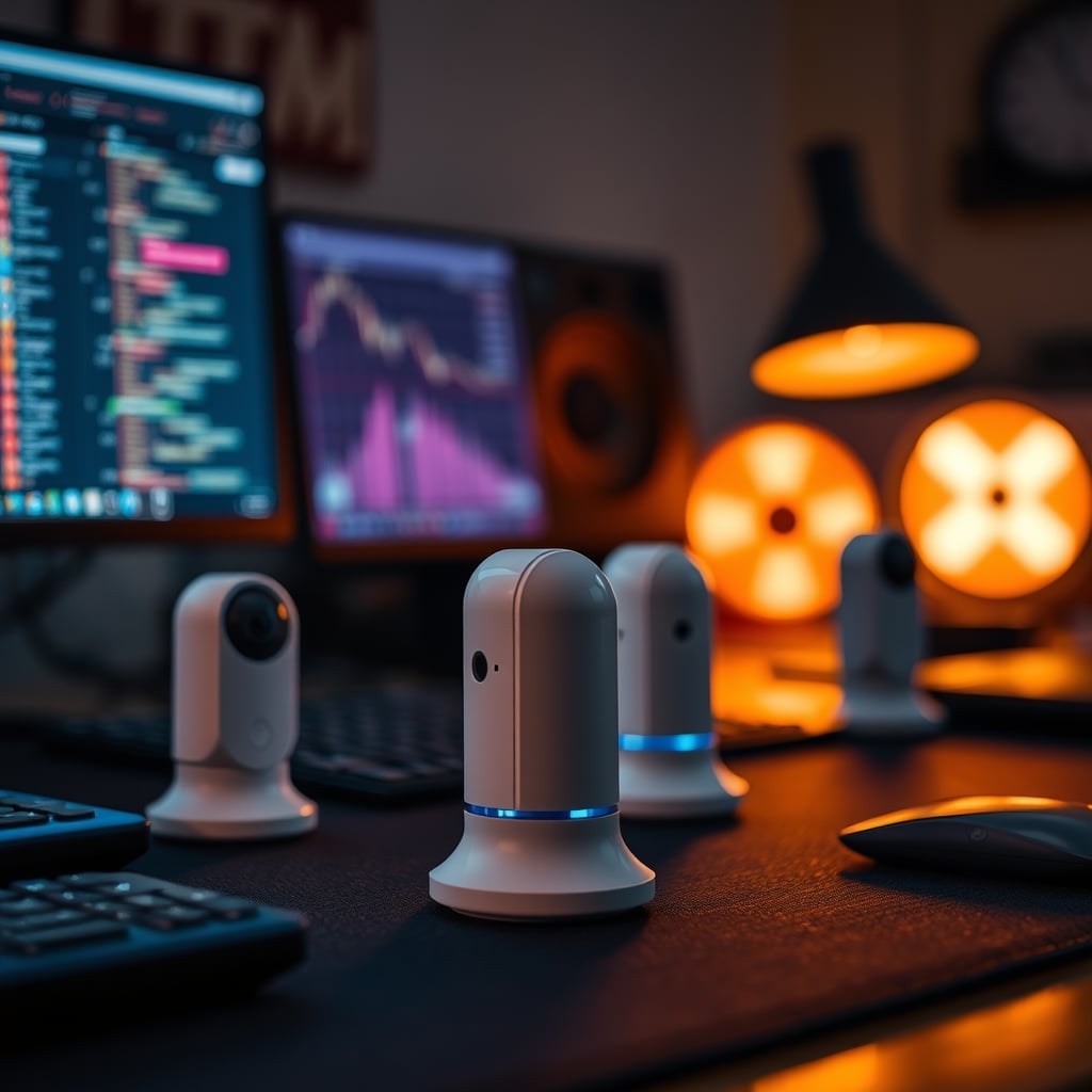 A messy desk with poorly placed motion sensors on monitor, under desk, and on shelf, creating chaotic lighting.