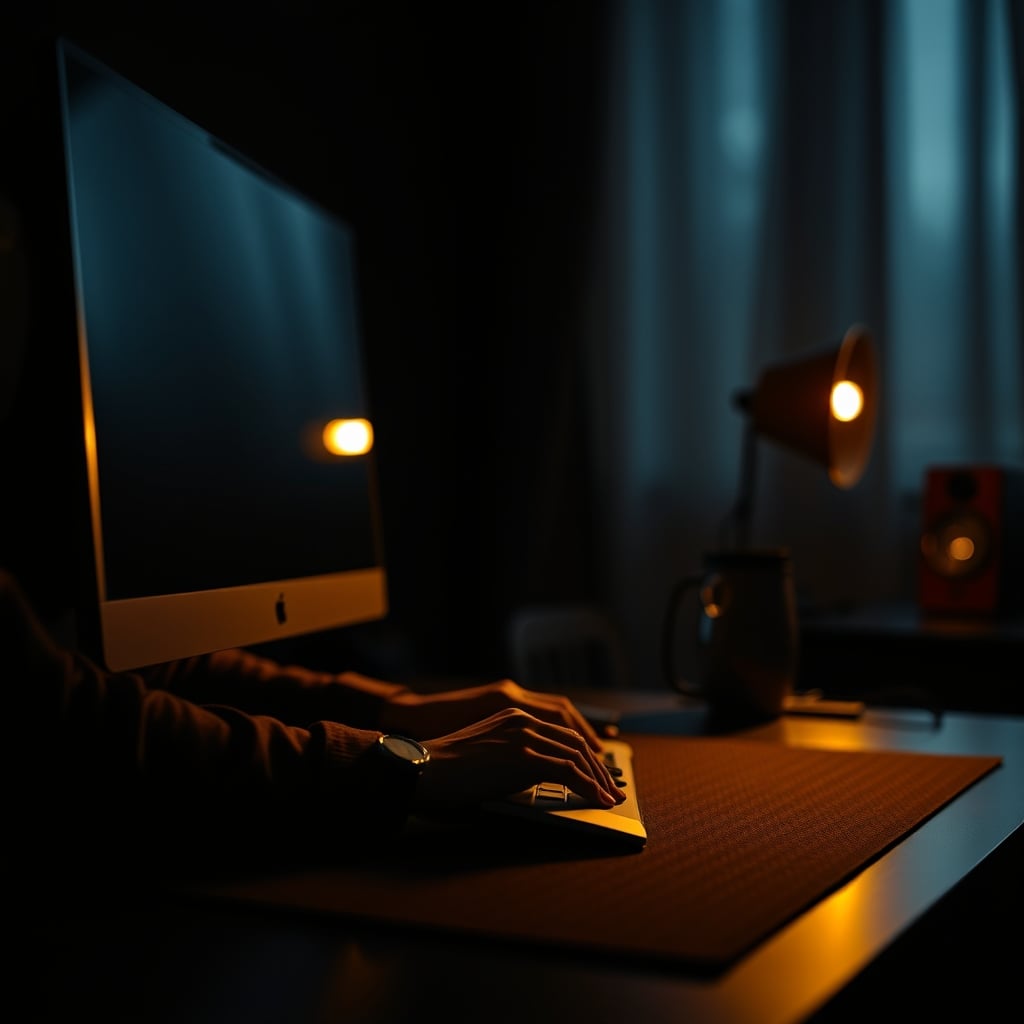 A person working at a computer in a dark room, only the monitor providing light, because motion sensor lights have timed out.