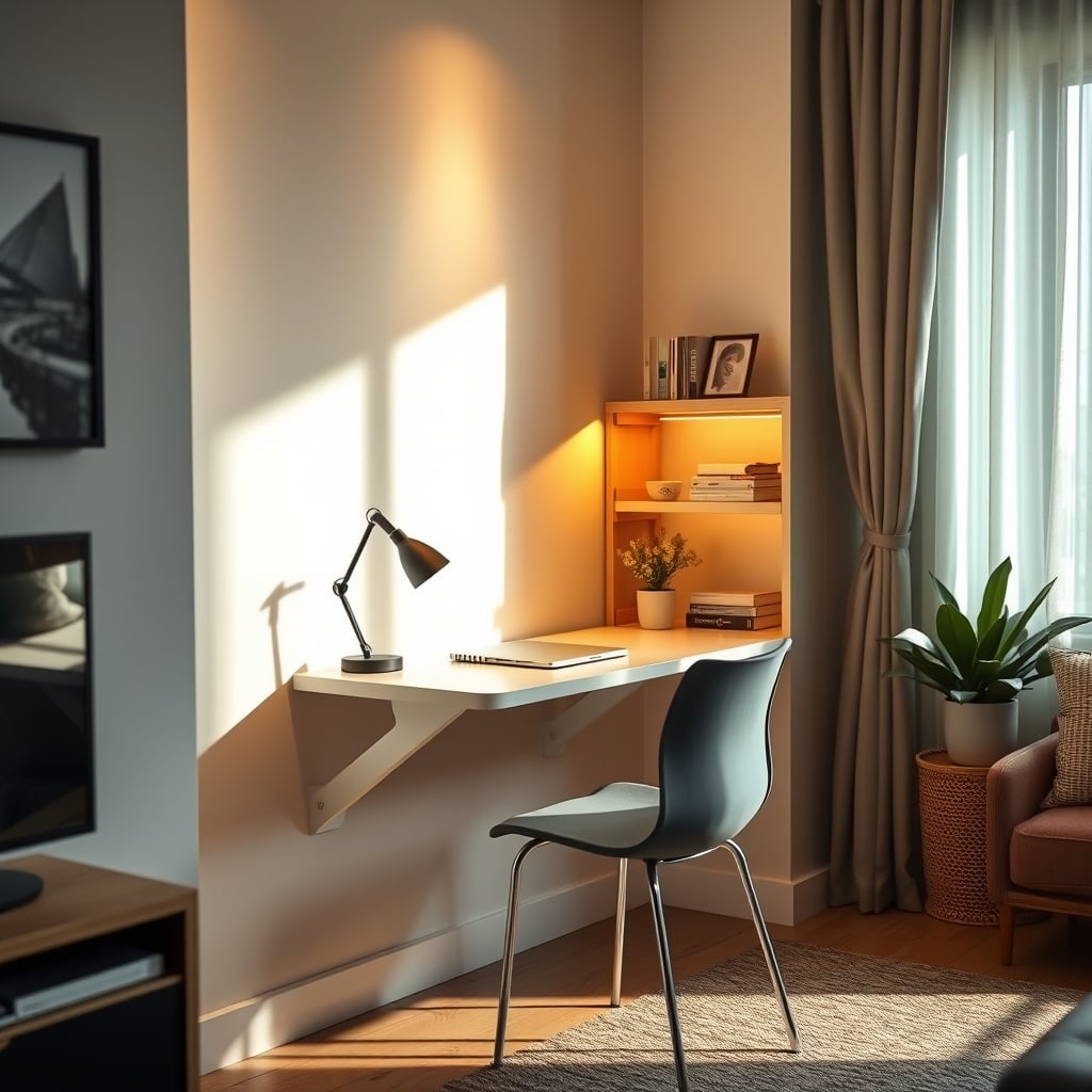 A clean, space-saving wall-mounted desk folded up in a small living area.