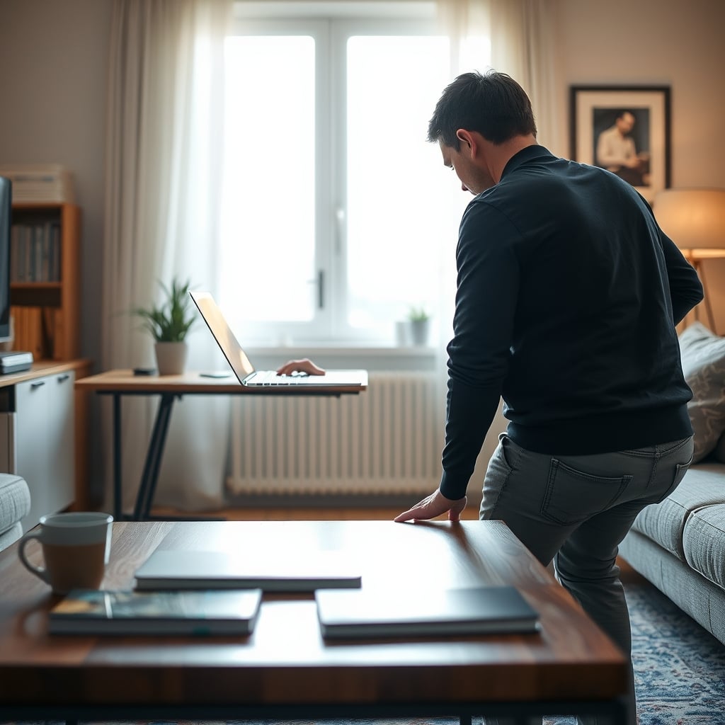 A person experiencing poor posture and neck strain while using a laptop on a low coffee table.