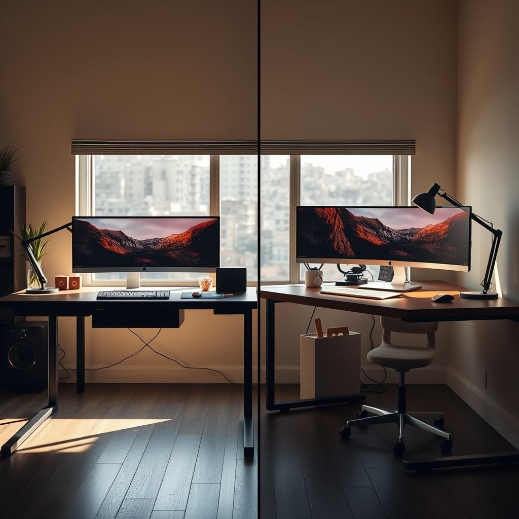 A side-by-side comparison showing a wobbly motorized table versus a solid, traditional desk.