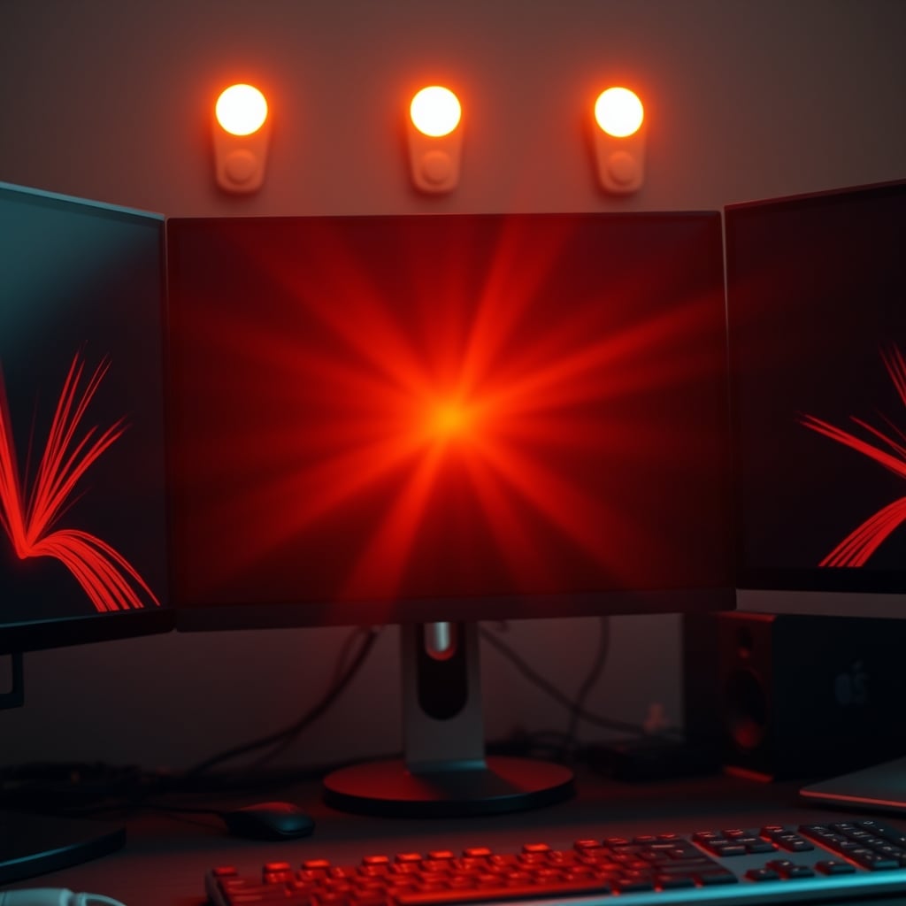 A streamer's face showing harsh, uneven shadows and color casts from surrounding monitors.