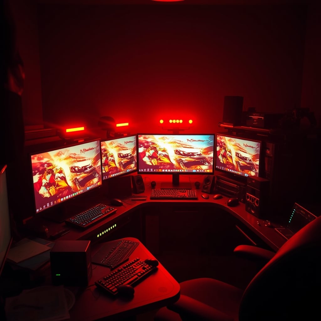 A messy, overcomplicated streaming desk with too many monitors creating a distracting environment.