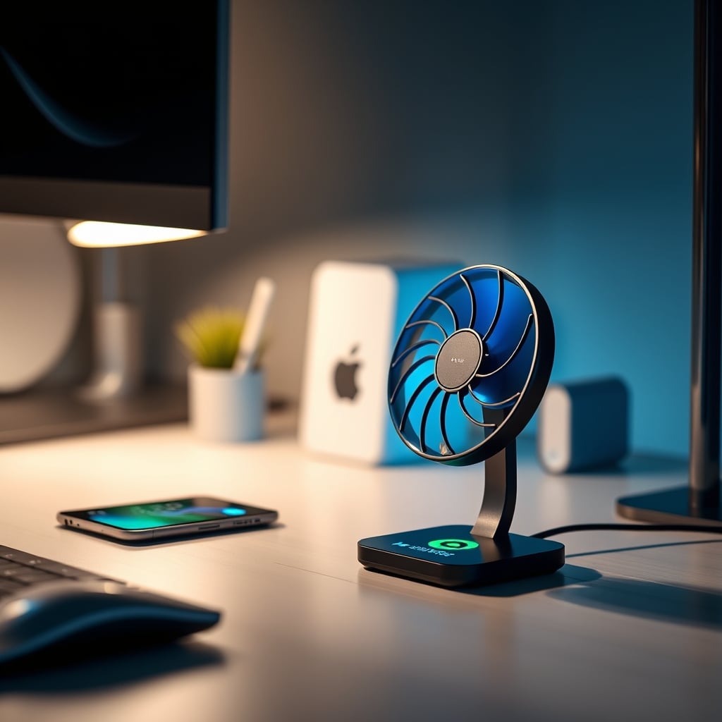 A modern wireless charging stand with visible ventilation grilles for a cooling fan.