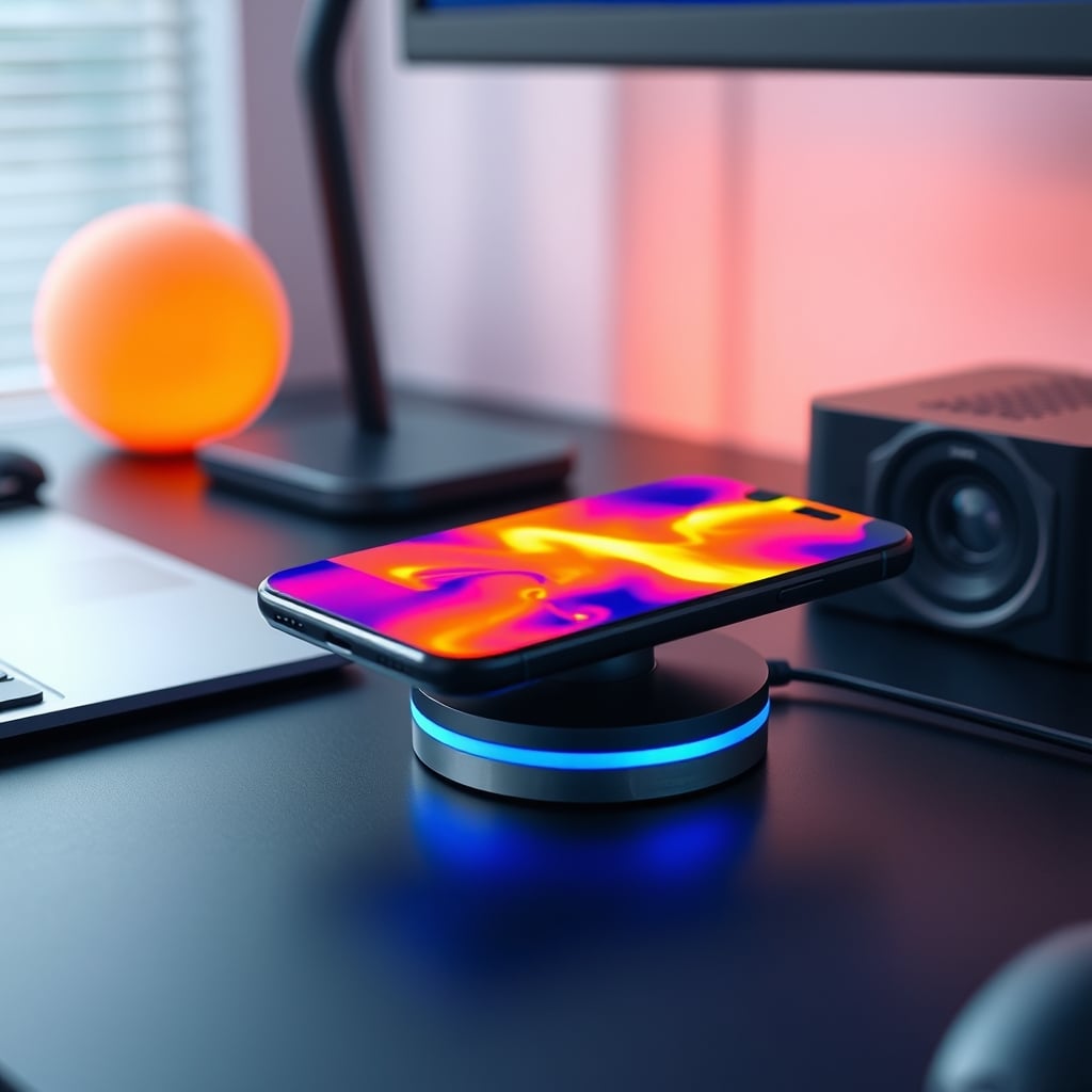 Thermal camera view showing a smartphone overheating on a wireless charging pad.