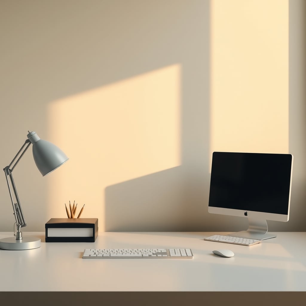 A minimalist desk with only a laptop and a plant, looking sterile and empty.