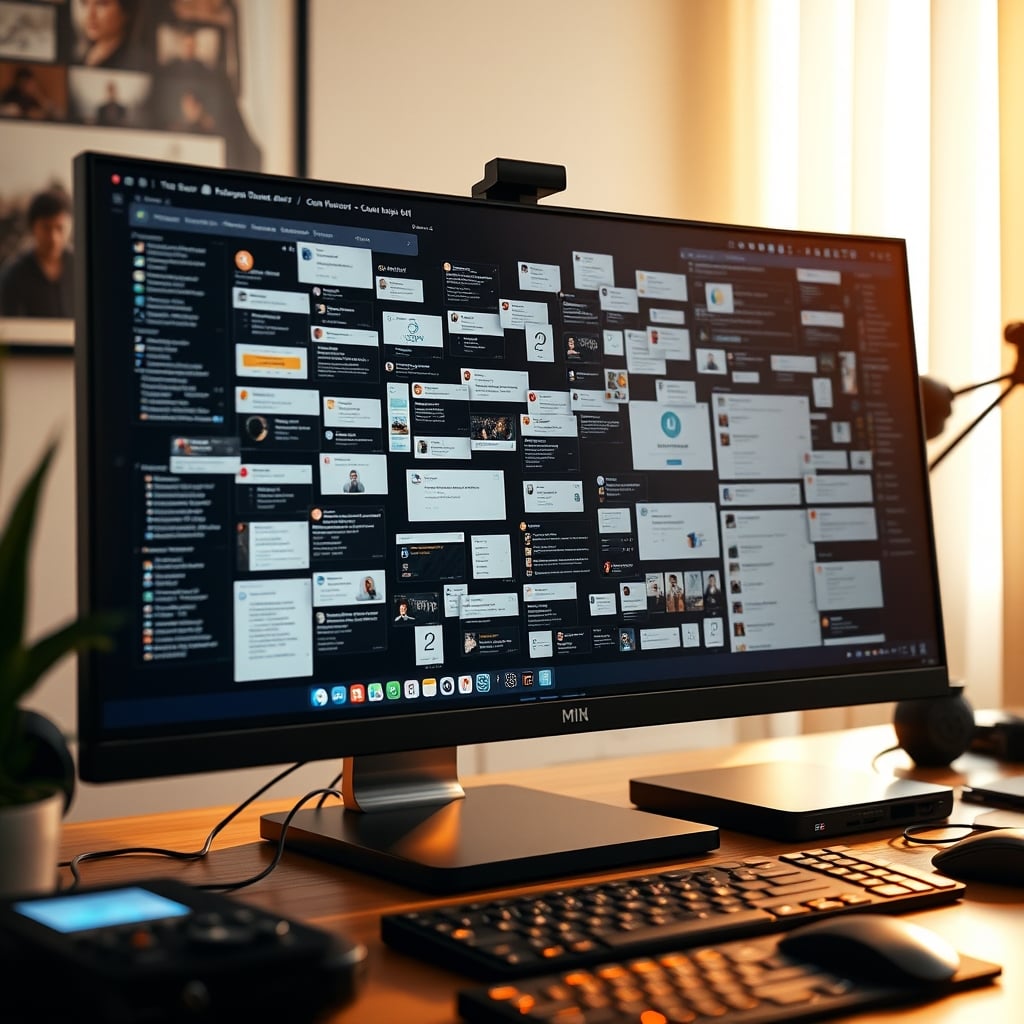 A computer monitor displaying extreme digital clutter with many open tabs, notifications, and desktop icons.