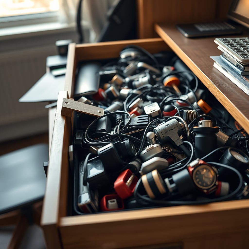 A desk drawer opened, revealing a chaotic mess of hidden cables, pens, and tools.