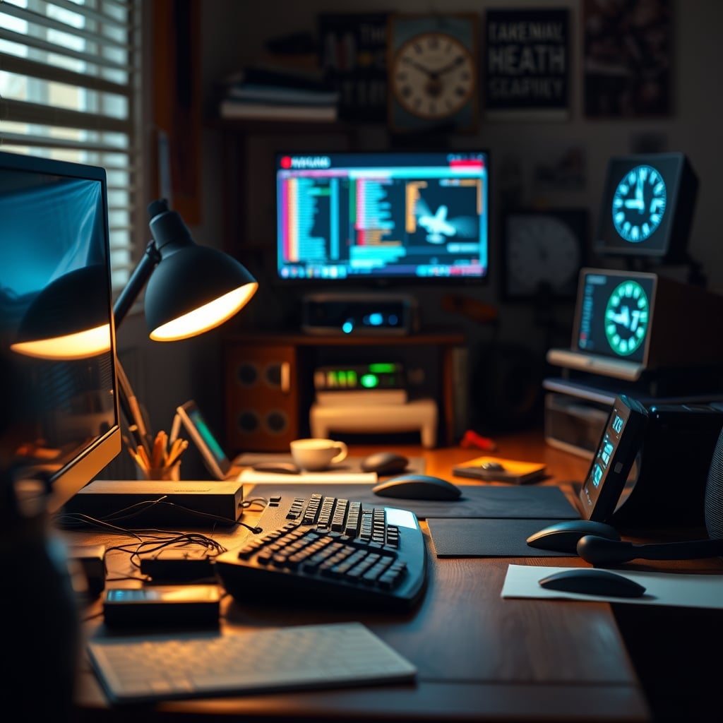 A cluttered desk setup showing a neural shielding gadget with multiple blinking lights creating visual noise
