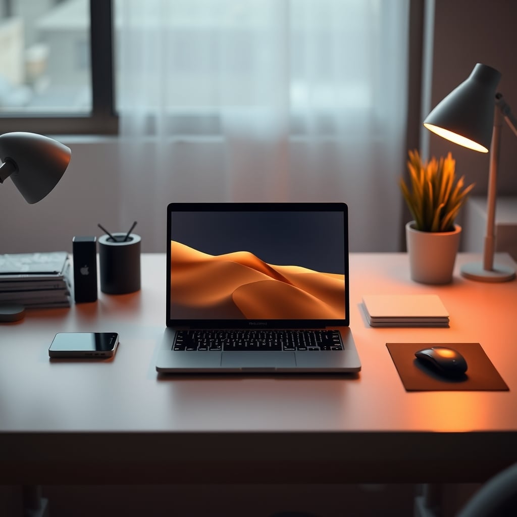 A clean, minimalist desk with only a laptop and simple timer, demonstrating focused workspace