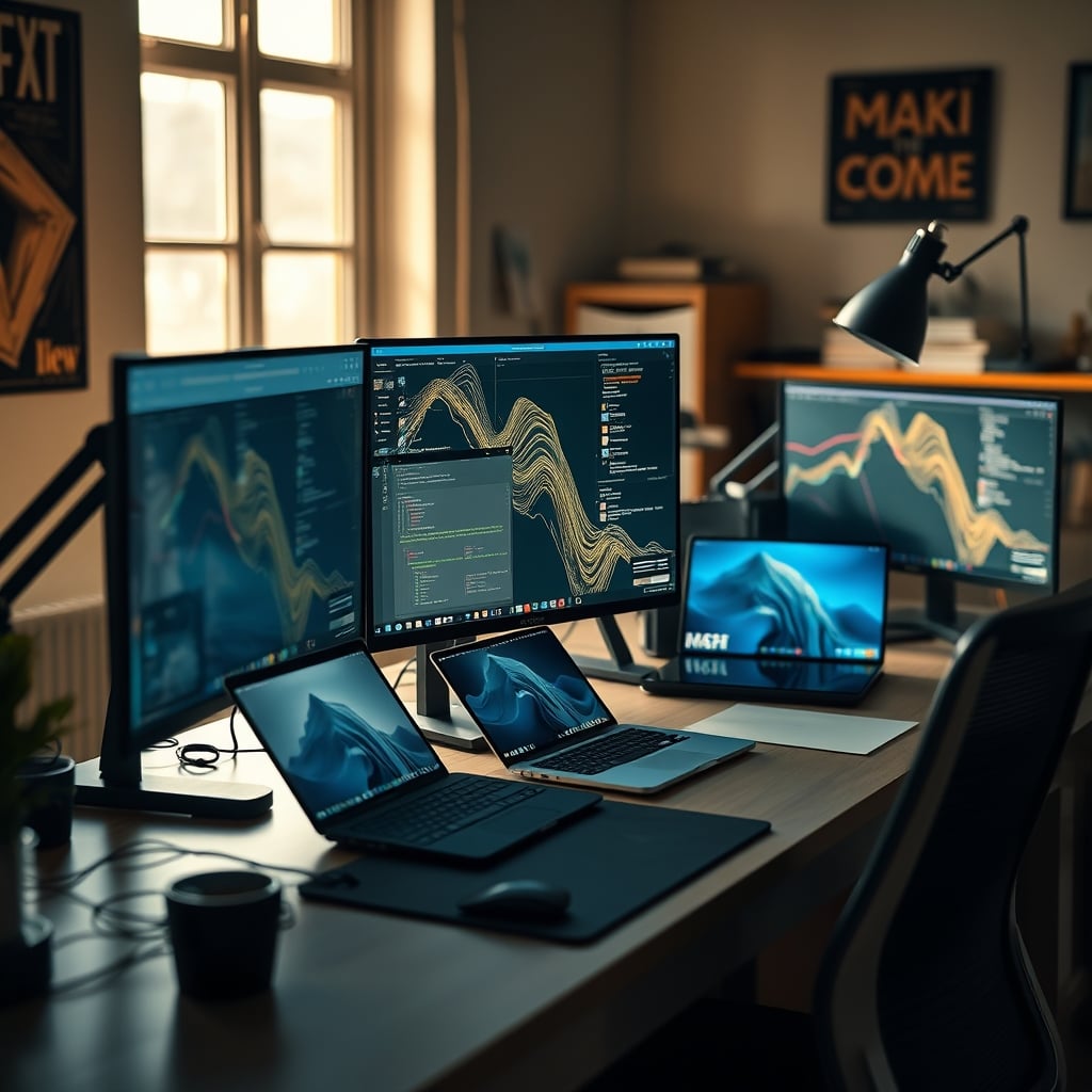 A dynamic non-linear desk with an angled main monitor, open notebook, and secondary screen