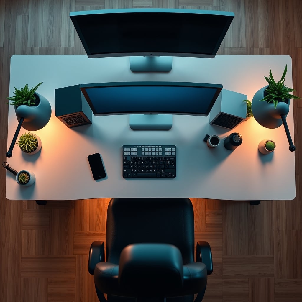 A sterile, perfectly symmetrical desk setup with centered monitors creating a dead zone