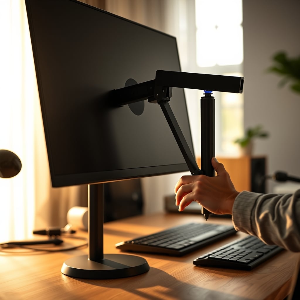 Close-up of hands adjusting a monitor arm to change the desk layout
